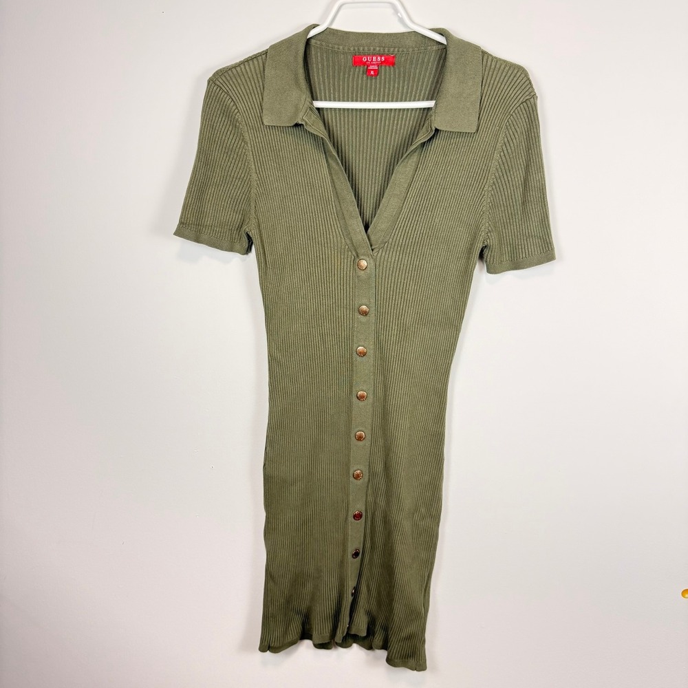 Guess Los Angeles Olive Green Ribbed Knit Button Front Polo Mini Dress XL Q3BK11